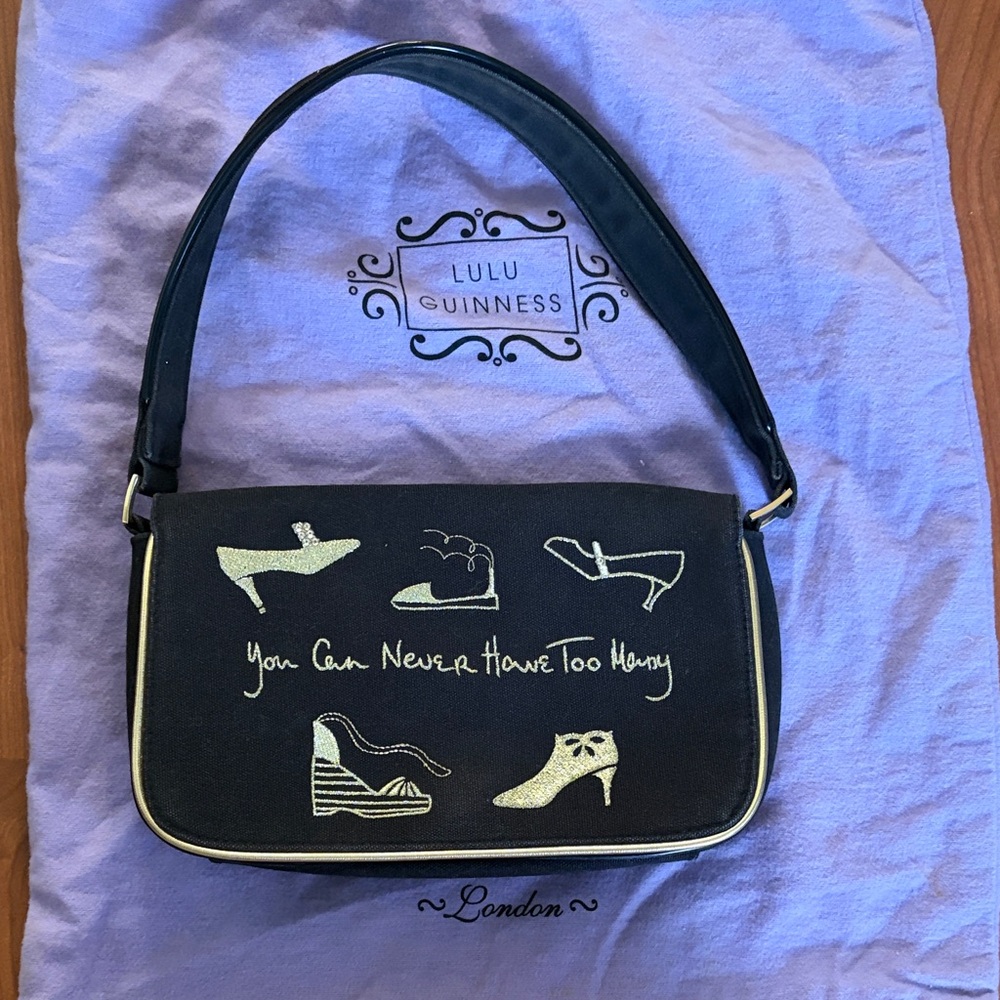 Lulu Guinness Black Canvas Shoulder Bag with Gold Accents